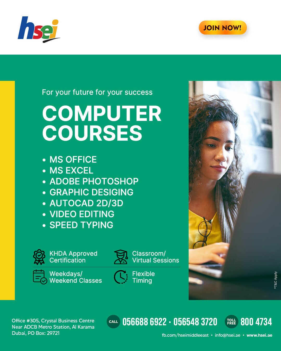Computer Courses for MS Office Graphic Designinga and 3D Softwares in UAE HSEI Dubai