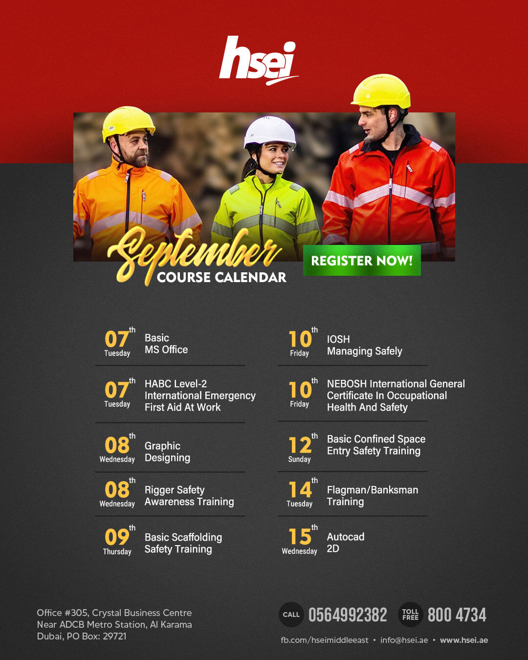 HSEI Dubai September month courses training flyer